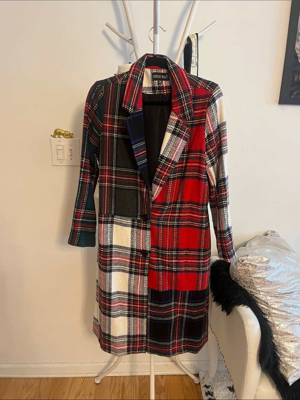 DollsKill Current Mood Red Multi Plaid Patchwork Pea Coat